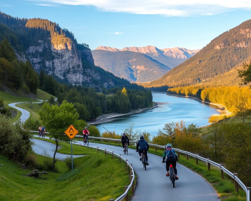 A scenic bicycle path winding along the banks of the Dunajec River in Sromowce, Szczawnica. The foreground shows cyclists safely navigating the path, wearing protective gear and following traffic signs. The middle ground features lush greenery, towering cliffs, and the tranquil river. The background showcases the picturesque Pieniny Mountains, bathed in warm, golden light. The scene conveys a sense of adventure, serenity, and the importance of responsible cycling practices in this stunning natural setting.
