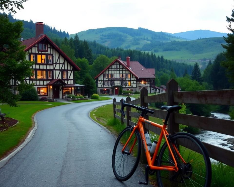 A scenic country road winding through lush, verdant forests, with a cozy inn nestled along the path. Soft, warm lighting illuminates the charming timber-framed building, its inviting windows beckoning travelers to rest their weary legs. In the foreground, a well-maintained bicycle rests against a wooden fence, symbolizing the journey and the need for comfortable accommodations. The background features rolling hills and a tranquil stream, creating a serene and picturesque setting for this cyclist's refuge. The overall mood is one of peaceful respite, reflecting the section title's focus on finding shelter during a cycling expedition along the R1 route.