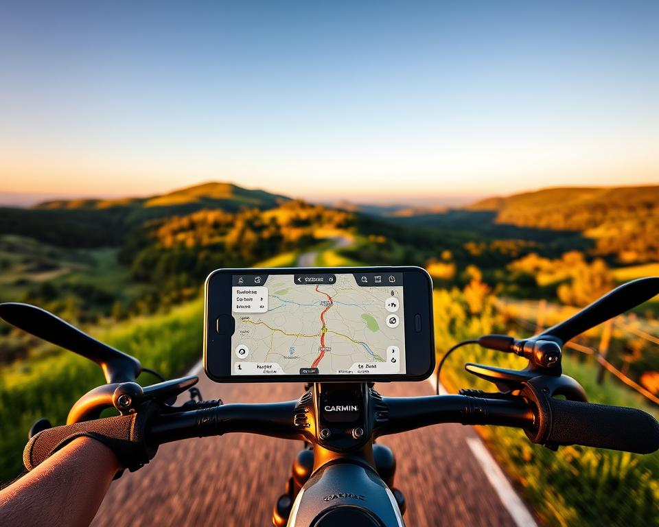 A scenic landscape with a cyclist navigating a winding bicycle route on a smartphone screen, displayed on the handlebars of a sleek road bike. The screen shows a Garmin navigation app interface, with detailed topographic maps, elevation data, and route planning tools. The rider is surrounded by lush, rolling hills and forests, with a warm, golden-hour lighting that casts long shadows across the path. The composition emphasizes the seamless integration of digital navigation and the immersive outdoor experience, conveying the ease and enjoyment of planning and following Garmin-powered bike routes. A scenic landscape with a cyclist navigating a winding bicycle route on a smartphone screen, displayed on the handlebars of a sleek road bike. The screen shows a Garmin navigation app interface, with detailed topographic maps, elevation data, and route planning tools. The rider is surrounded by lush, rolling hills and forests, with a warm, golden-hour lighting that casts long shadows across the path. The composition emphasizes the seamless integration of digital navigation and the immersive outdoor experience, conveying the ease and enjoyment of planning and following Garmin-powered bike routes.