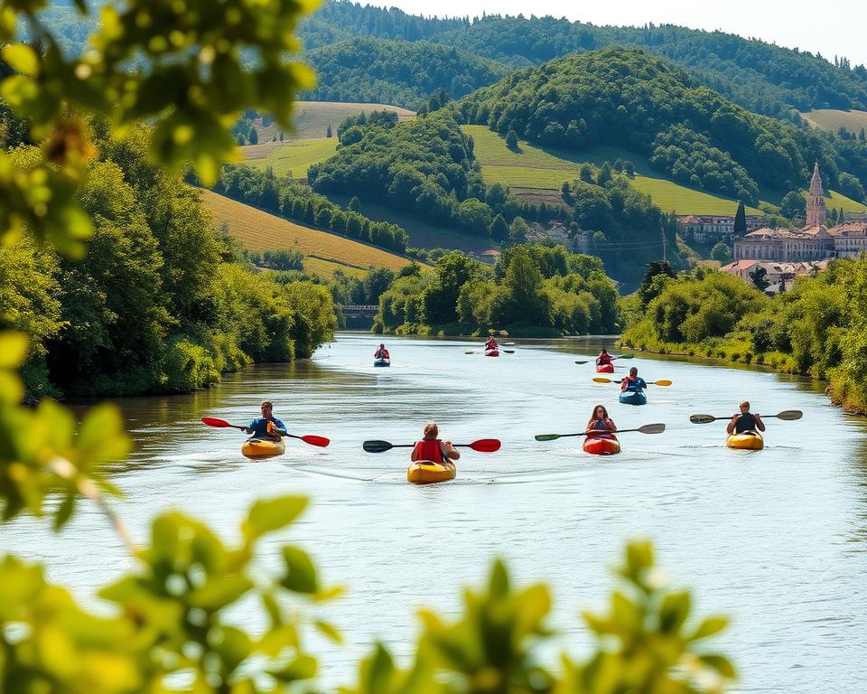 A scenic river winding through lush, verdant hills, with a group of kayakers paddling peacefully downstream. Sunlight filters through the trees, casting a warm, golden glow over the scene. In the foreground, the kayaks glide effortlessly over the gentle ripples, their occupants immersed in the tranquility of the moment. The middle ground reveals the picturesque landscape, with rolling hills and dense foliage framing the river. In the distance, a picturesque town nestled among the hills comes into view, hinting at the wider context of this idyllic kayaking adventure. The overall atmosphere is one of serenity, adventure, and the joyful camaraderie of a group outing in a stunning natural setting.