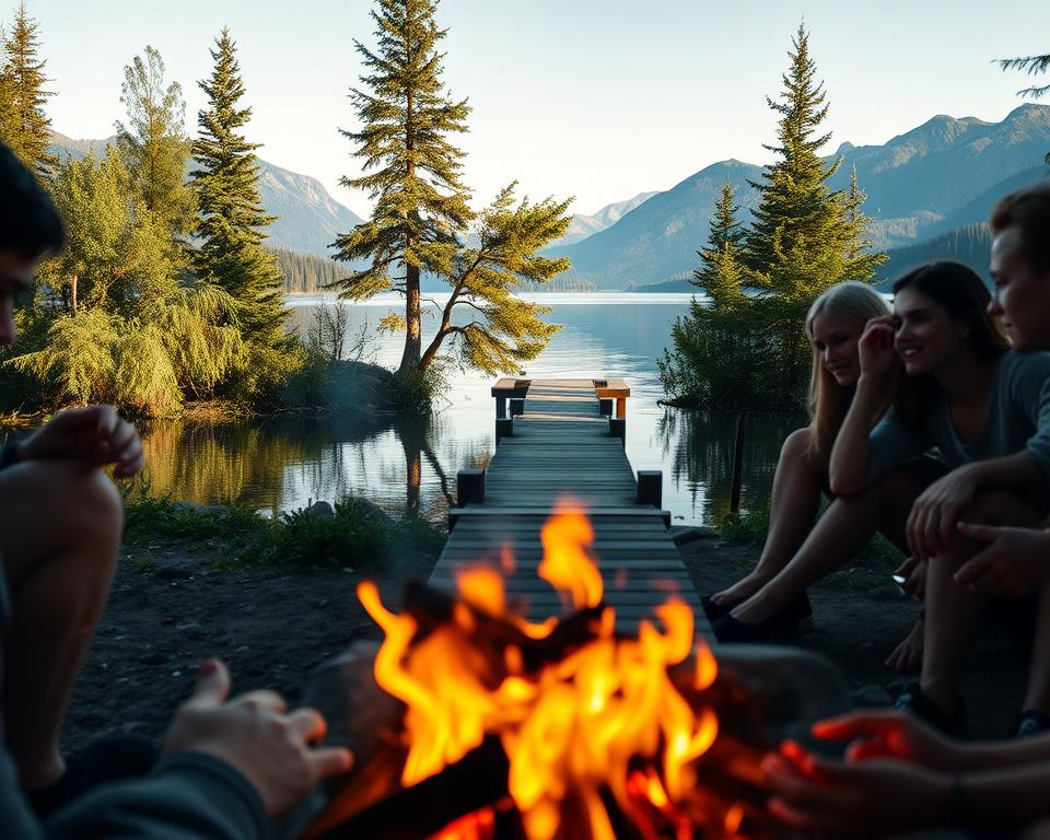 A serene lakeside setting, with a crackling campfire surrounded by a group of people enjoying the tranquility. The foreground features the fire's warm glow, casting a soft, flickering light on the faces and hands of the gathered friends. In the middle ground, a wooden dock extends into the calm, reflective waters of the lake, framed by lush, verdant trees and plants. The background showcases the majestic mountains in the distance, their peaks touching the clear, azure sky. The overall mood is one of relaxation, connection with nature, and the simple pleasures of an outdoor gathering. Subtle, natural lighting and a shallow depth of field create a dreamlike, atmospheric quality to the scene.