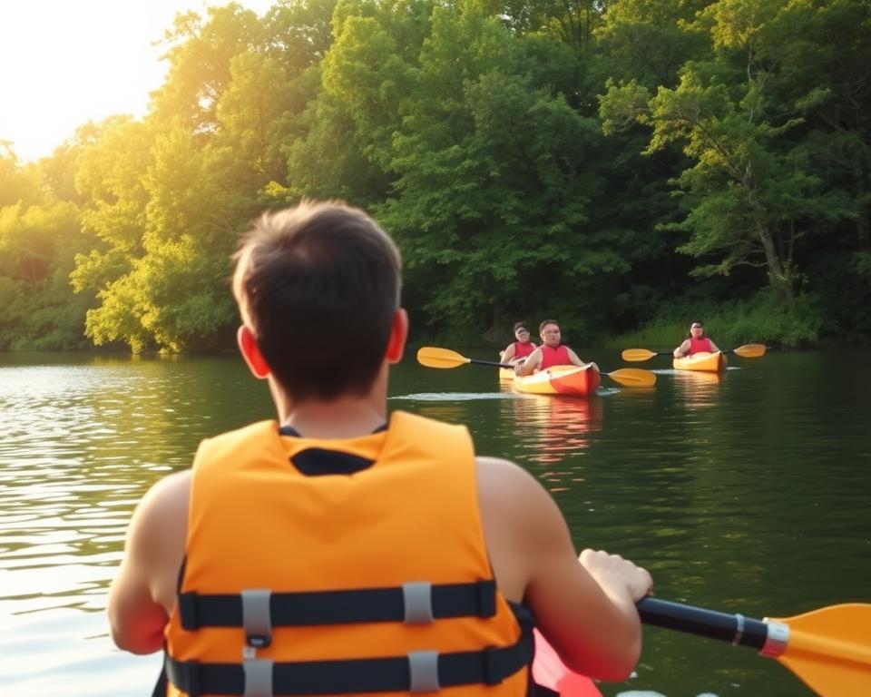 A serene lakeside setting, with a kayaker navigating the calm waters. The foreground features the kayaker wearing a life jacket and holding a paddle, their face obscured but body language conveying focus and control. In the middle ground, other kayaks are visible, their occupants practicing safety protocols. The background showcases lush, verdant foliage surrounding the lake, creating a tranquil, natural atmosphere. Diffused sunlight filters through the trees, casting a warm, golden glow over the scene. The overall mood is one of safety, adventure, and appreciation for the natural environment.