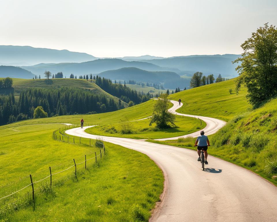 A serene landscape in the Beskids Mountains, showcasing a gentle, winding bicycle path meandering through lush, verdant foothills. The path is wide, well-paved, and free of obstructions, inviting families to explore the picturesque region. Soft, diffused sunlight bathes the scene, creating a warm, inviting atmosphere. In the distance, rolling hills and forested slopes provide a picturesque backdrop, while the foreground features cyclists of all ages leisurely riding, enjoying the tranquil surroundings. The overall composition conveys a sense of accessibility, adventure, and the perfect setting for a family-friendly cycling excursion.