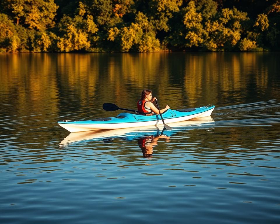 A serene, one-person kayak floating peacefully on a tranquil, sun-dappled lake. The sleek, hydrodynamic hull glides effortlessly through the gently rippling water, its vibrant blue-and-white color scheme catching the light. The kayaker, dressed in a life jacket, paddles with smooth, efficient strokes, their reflection mirrored on the calm surface. Lush, verdant foliage lines the shore, creating a picturesque natural backdrop. Warm, soft lighting bathes the scene, lending a sense of tranquility and relaxation. The overall composition conveys the lightweight, portable nature of this popular kayak model. A serene, one-person kayak floating peacefully on a tranquil, sun-dappled lake. The sleek, hydrodynamic hull glides effortlessly through the gently rippling water, its vibrant blue-and-white color scheme catching the light. The kayaker, dressed in a life jacket, paddles with smooth, efficient strokes, their reflection mirrored on the calm surface. Lush, verdant foliage lines the shore, creating a picturesque natural backdrop. Warm, soft lighting bathes the scene, lending a sense of tranquility and relaxation. The overall composition conveys the lightweight, portable nature of this popular kayak model.
