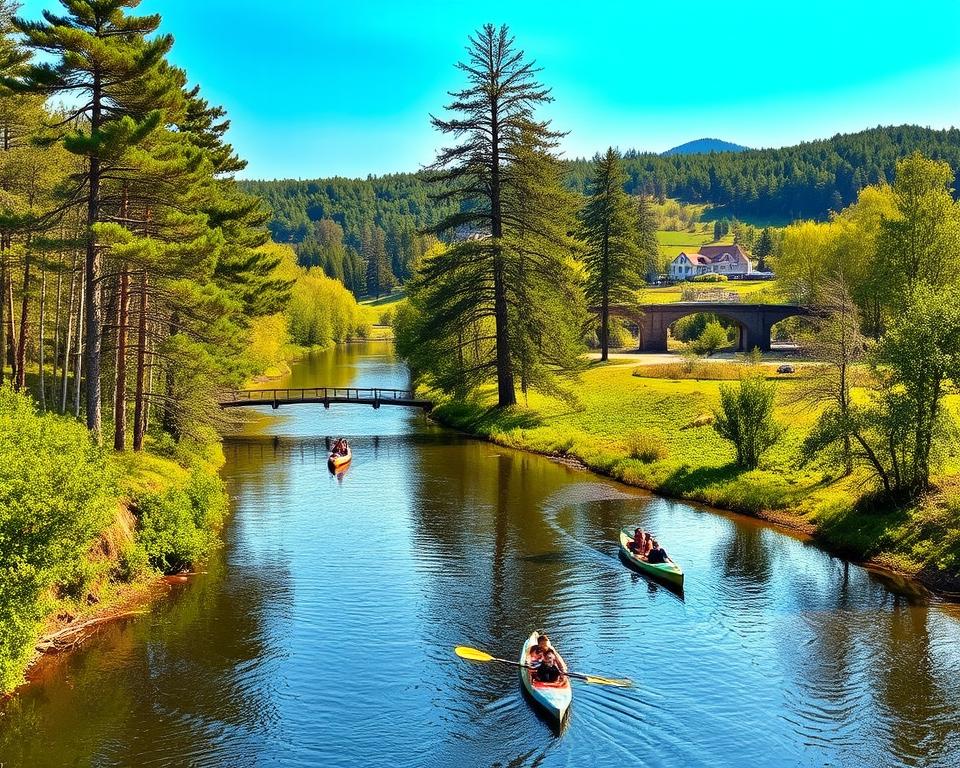 A serene, sun-dappled river winding through a lush, verdant landscape. Towering pines and birches line the banks, their branches casting soft shadows on the calm, glimmering waters. Kayaks and canoes glide gracefully downstream, their occupants admiring the picturesque scenery unfolding around them. In the distance, a wooden footbridge arches over the river, leading to a quaint village nestled among the rolling hills. The scene exudes a sense of tranquility and natural beauty, inviting the viewer to embark on a peaceful journey down the Karb&oacute;wko waterway.