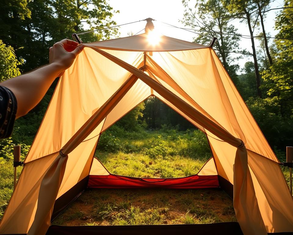 A step-by-step process of pitching a Utendors tent in a serene outdoor setting. A person's hands carefully connecting the metal poles, assembling the tent frame with precision. The fabric panels unfurling gracefully, draped over the frame to create the tent's silhouette. Sunlight filters through the translucent material, casting a warm glow. The tent stands tall, nestled amidst a lush, verdant landscape, hinting at the cozy shelter it will provide. The scene conveys a sense of focus, tranquility, and the satisfaction of completing this camping task. Captured from a slightly elevated angle, allowing the viewer to appreciate the full, three-dimensional form of the tent taking shape.