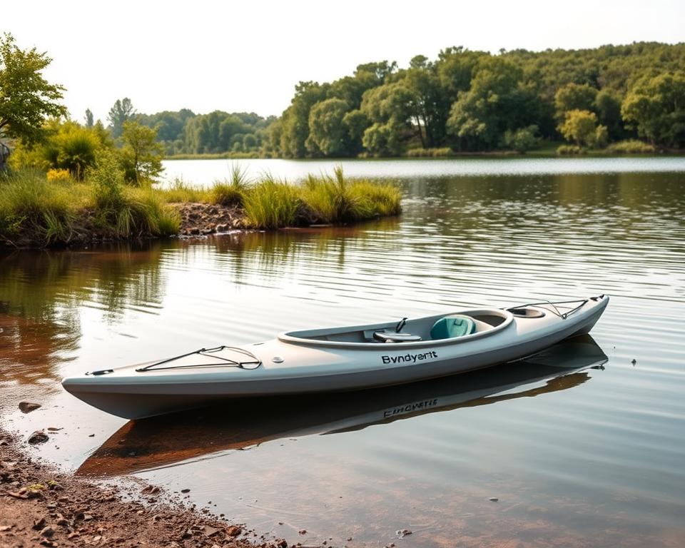 A tranquil lakeside scene with a sleek, two-person kayak anchored on the shore. The kayak features a streamlined design with ample legroom and storage compartments. The body is crafted from durable, lightweight materials, while the paddle rests beside it, ready for the next adventure. The surrounding landscape is lush with verdant trees and shrubs, creating a serene, natural ambiance. Soft, diffused lighting illuminates the scene, casting gentle shadows and highlighting the kayak's elegant contours. The image conveys a sense of peaceful contemplation, inviting the viewer to imagine the joys of navigating these calm waters in the company of a companion.