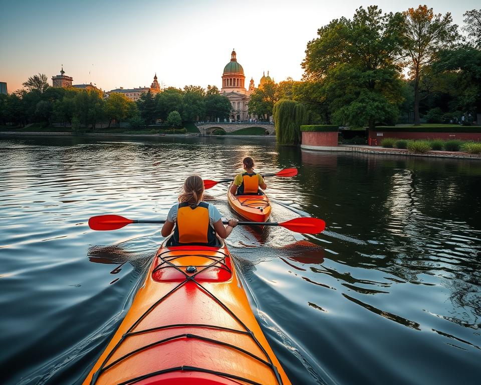 A tranquil scene along the banks of the Vistula River, where a pair of kayakers navigate the calm waters with utmost care. The foreground features their brightly colored kayaks, their paddles cutting through the glassy surface, while behind them, the middle ground showcases the lush, verdant riverbanks dotted with leafy trees. In the distance, the iconic silhouettes of historical buildings line the horizon, bathed in the warm, golden glow of the afternoon sun. The composition captures the essence of safe and responsible kayaking, with the kayakers maintaining control and awareness of their surroundings. The overall mood is one of serene tranquility, reflecting the importance of following proper safety protocols while enjoying the beauty of the Vistula River.
