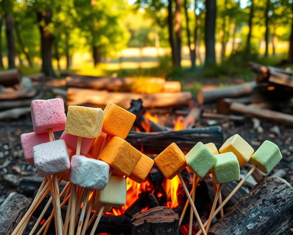 A vibrant display of marshmallow treats in a cozy, rustic setting. In the foreground, a collection of plump, fluffy marshmallows in an array of vibrant hues - pink, yellow, orange, and green - skewered and roasting over a crackling fire. The middle ground features a weathered, wooden campfire pit surrounded by a scattering of charred logs. In the background, a serene, wooded landscape with lush, verdant trees and a soft, golden glow from the setting sun, creating a warm, inviting atmosphere. Realistic textures, natural lighting, and a sense of depth and scale immerse the viewer in this idyllic, campfire scene.