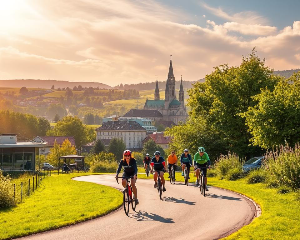 A vibrant scene of cycling attractions in Olsztyn, Poland. In the foreground, a group of cyclists navigating a winding, well-paved trail, their colorful bikes and gear standing out against the lush, verdant surroundings. In the middle ground, a mix of modern and historic architecture, with the iconic spires of Olsztyn's cathedral visible in the distance. The background features rolling hills, dotted with trees and scattered with wildflowers, bathed in warm, golden sunlight filtering through wispy clouds. The atmosphere is one of active recreation, peaceful exploration, and the celebration of the city's unique blend of natural and urban landscapes.
