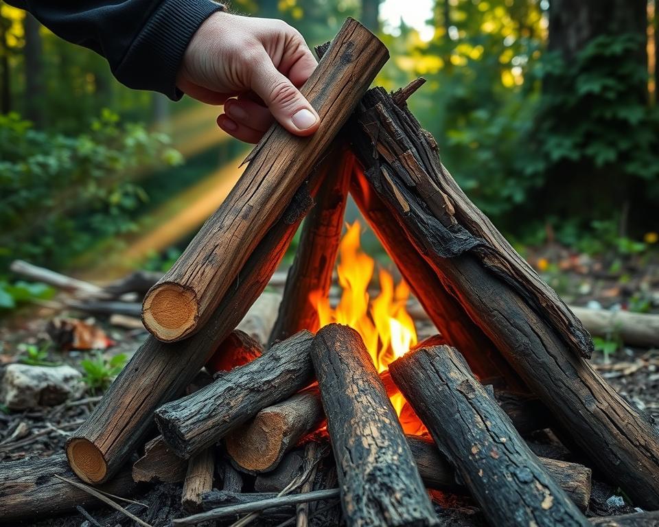A weathered hand carefully arranges dry kindling and logs in a teepee shape, creating a sturdy base for a crackling fire. Beams of soft, golden light filter through the gaps, illuminating the intricate wood grain and textured bark. The scene is set against a backdrop of lush, verdant foliage, hinting at the serene wilderness surroundings. The image conveys a sense of self-reliance, as well as the peaceful tranquility of building a fire the traditional way, using only natural materials. The camera angle is slightly elevated, providing a clear view of the fire-starting process and the meticulous attention to detail.