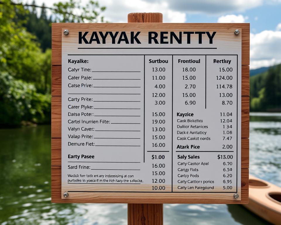 A well-lit, high-resolution image of a price list for kayak rentals in Ostr&oacute;da, Poland. The price list is displayed on a wooden board or sign, with clear and legible pricing information for different kayak types, rental durations, and any additional services. The background features a tranquil river or lake scene, with lush greenery and a picturesque landscape to evoke the outdoor, adventure-focused setting. The image conveys a sense of professionalism, attention to detail, and a focus on providing a comprehensive and transparent pricing structure for potential customers.