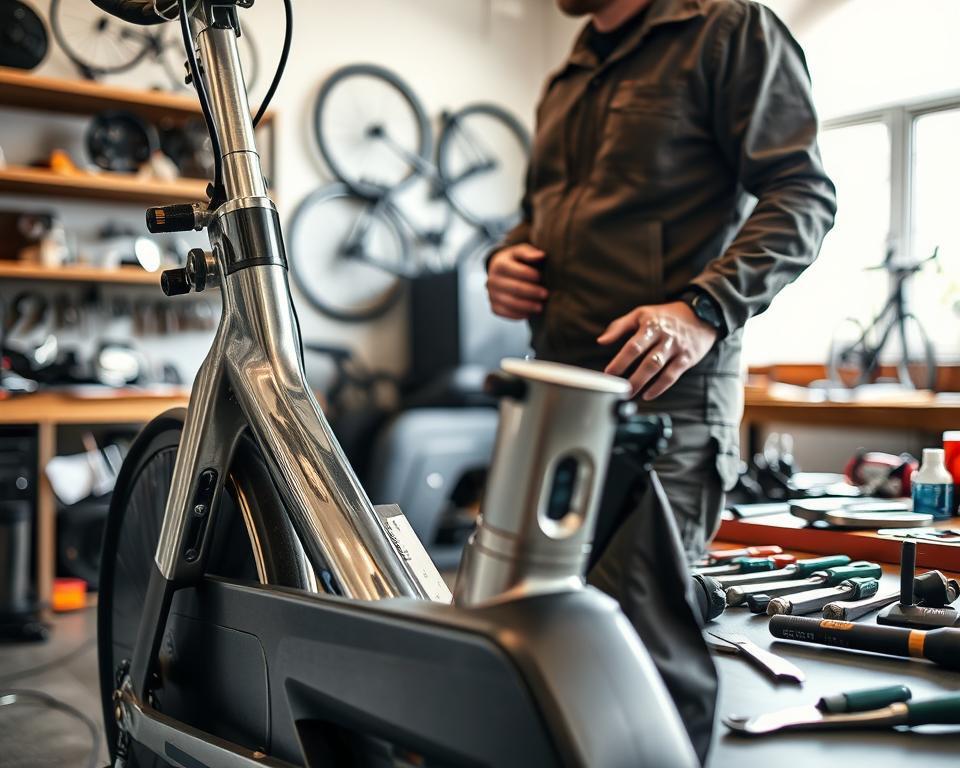 A well-lit workshop scene, with a stationary exercise bike in the foreground. The bike's metal frame glistens, freshly oiled and maintained. A mechanic, their hands covered in grease, stands beside the bike, examining it closely. Tools and spare parts are neatly arranged on a nearby workbench, suggesting a meticulous approach to maintenance. The background is clean and organized, with shelves of bike components and a large window letting in natural light. The overall atmosphere conveys a sense of care, attention to detail, and the satisfaction of properly maintaining one's fitness equipment. A well-lit workshop scene, with a stationary exercise bike in the foreground. The bike's metal frame glistens, freshly oiled and maintained. A mechanic, their hands covered in grease, stands beside the bike, examining it closely. Tools and spare parts are neatly arranged on a nearby workbench, suggesting a meticulous approach to maintenance. The background is clean and organized, with shelves of bike components and a large window letting in natural light. The overall atmosphere conveys a sense of care, attention to detail, and the satisfaction of properly maintaining one's fitness equipment.