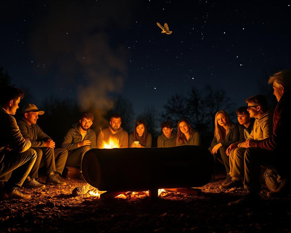 Campfire stories under the starry night sky, a flickering fire casting warm light on a circle of captivated faces. In the middle, an old oak log serves as a rustic seat, inviting guests to gather and share tales of long-forgotten legends. Shadowy figures emerge from the flames, their outlines dancing with each crackle, as if the stories themselves come to life. The night air is crisp and still, heightening the sense of mystery and wonder. A lone owl hoots in the distance, adding to the enchanting atmosphere. This cozy, intimate scene evokes the timeless tradition of ogniskowe opowieści, where memories and imagination intertwine around the comforting glow of the campfire.