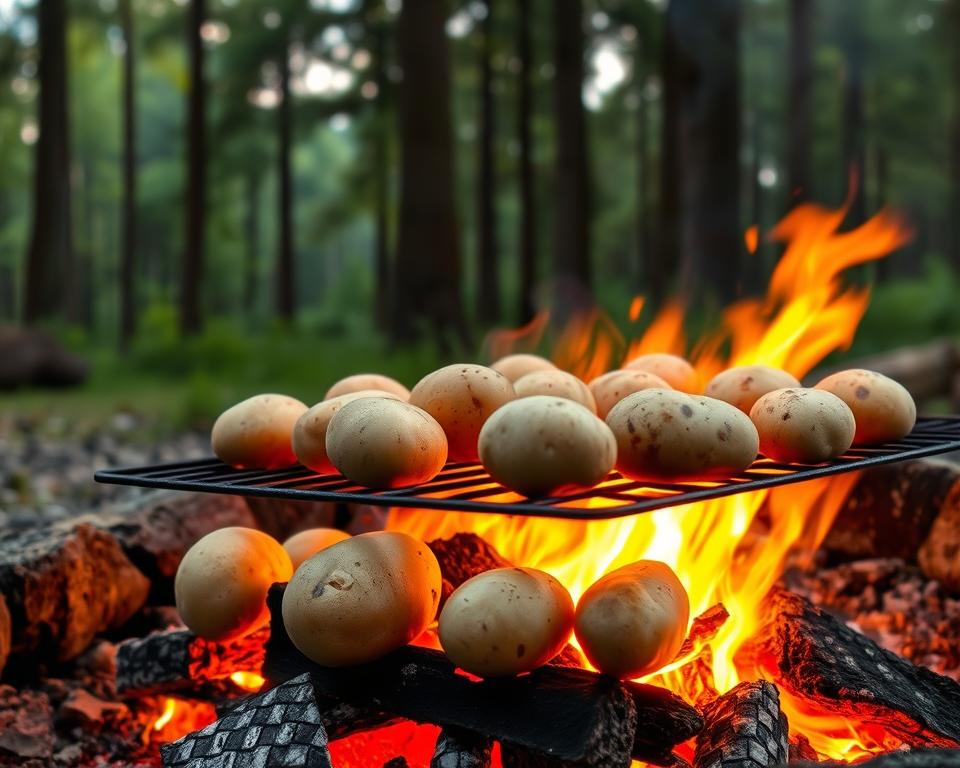 Rustic campfire with glowing embers, surrounded by a selection of freshly washed, medium-sized potatoes in their natural skins. The potatoes are strategically arranged on a grill grate suspended above the fire, casting warm, flickering light across their textured surfaces. In the background, a tranquil forest scene with tall, verdant trees and a soft, diffused skylight filters through the canopy. The overall atmosphere is one of simple, outdoor cooking and shared moments around the crackling fire.