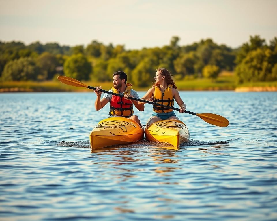 Two kayakers paddling in sync, their oars moving in perfect harmony as they navigate the tranquil waters. The couple, dressed in life jackets, maintain eye contact and communicate through subtle gestures and nods, working together effortlessly to propel the sleek, two-person kayak forward. The scene is bathed in warm, golden light, reflecting off the gently rippling surface and creating a serene, almost meditative atmosphere. The background is a picturesque landscape of lush, verdant trees and a clear blue sky, emphasizing the peaceful, outdoor setting. The composition captures the essence of teamwork, coordination, and communication required for a successful tandem kayaking experience.