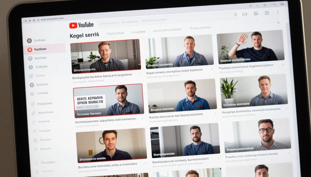Ekran komputera pokazujący listę polecanych film&oacute;w YouTube o ćwiczeniach mięśni Kegla dla mężczyzn