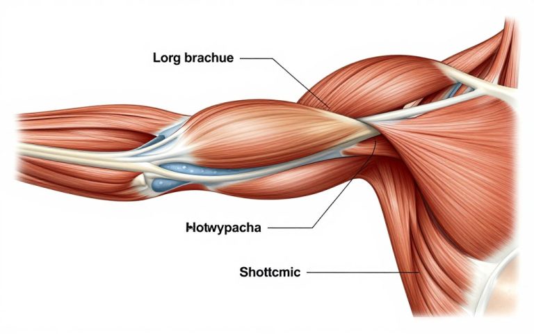 Jak ćwiczyć bicepsy - anatomia mięśnia dwugłowego ramienia z oznaczeniem głowy długiej i krótkiej