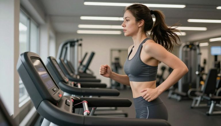 Kobieta wykonująca trening cardio na bieżni jako część treningu odchudzającego