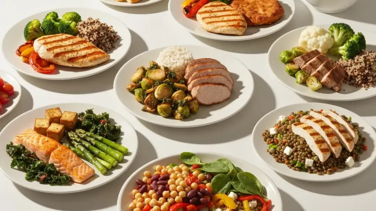 10 lekkich kolacji fit do 300 kcal - różne potrawy na białych talerzach