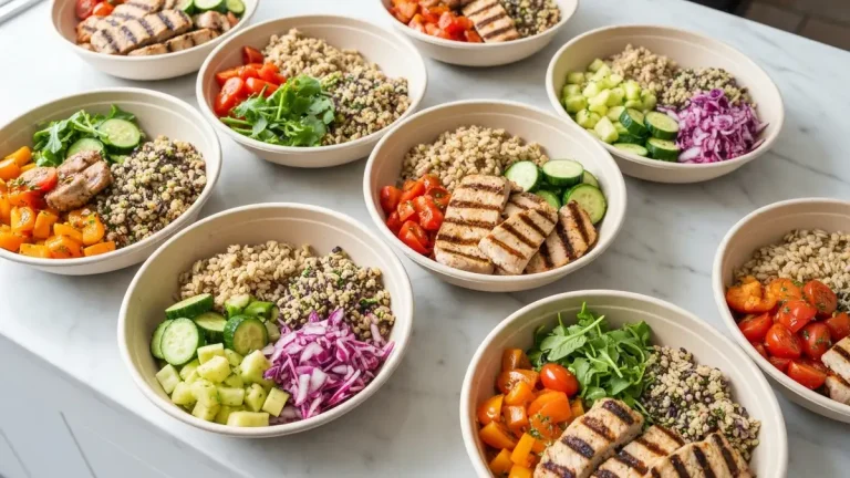 15 przepisów fit obiadów poniżej 500 kcal na drewnianym stole - kurczak grillowany, warzywa, miska z ryzem brązowym