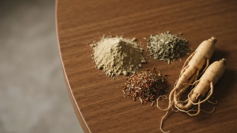 Adaptogeny ashwagandha rhodiola żeń-szeń - korzenie i proszek suplementów na drewnianym stole