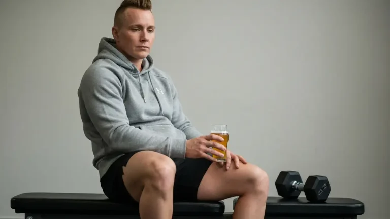 Sportowiec trzymający szklankę z napojem alkoholowym obok sprzętu treningowego - symbolizuje dylemat alkohol a sport