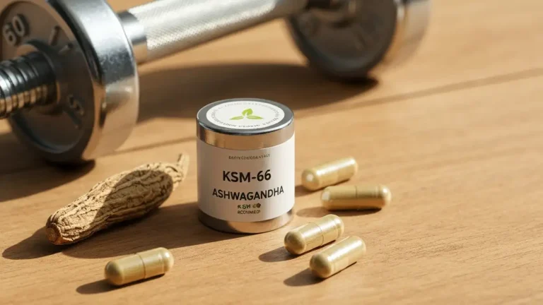 Ashwagandha KSM-66 kapsułki i korzeń rośliny na tle sprzętu treningowego