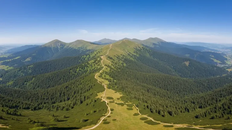 Widok na Bieszczady - góry pokryte zielenią, szlaki trekkingowe w lesie, niebo bez chmur