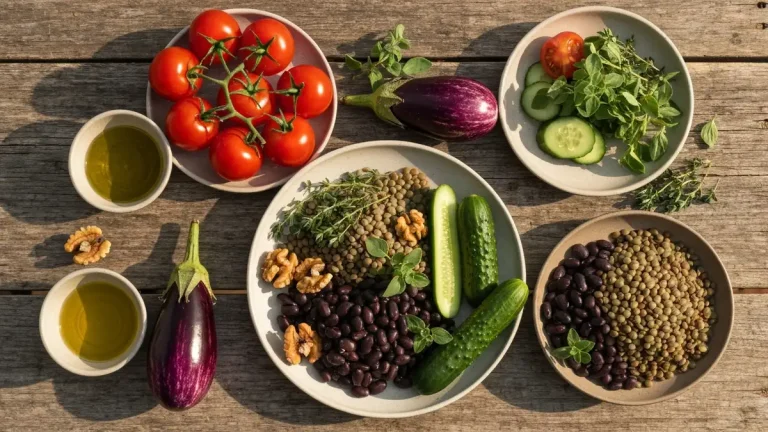 Kolorowy talerz pelny warzyw, straczkow i oliwy z oliwek inspirowany dieta blekitnych stref