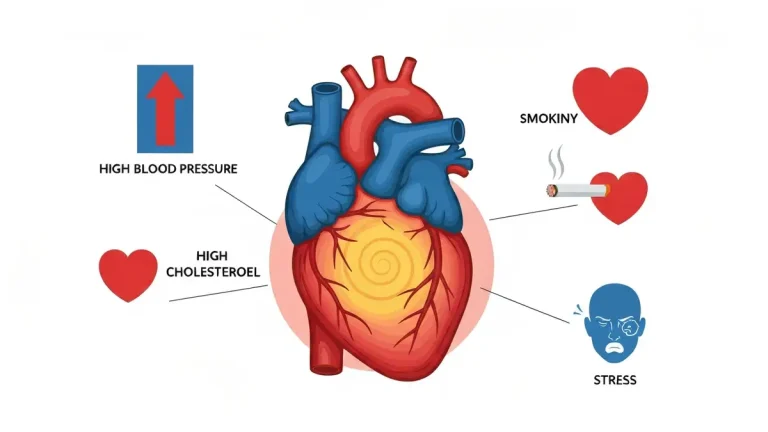 Schemat anatomiczny serca z zaznaczonymi czynnikami ryzyka chorób sercowo-naczyniowych