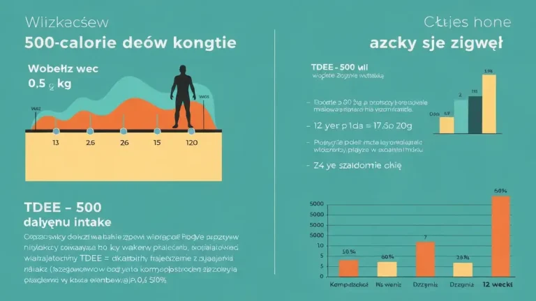 Infografika deficyt 500 kcal: tempo utraty wagi, tempo metabolizmu, przykład kalkulacji