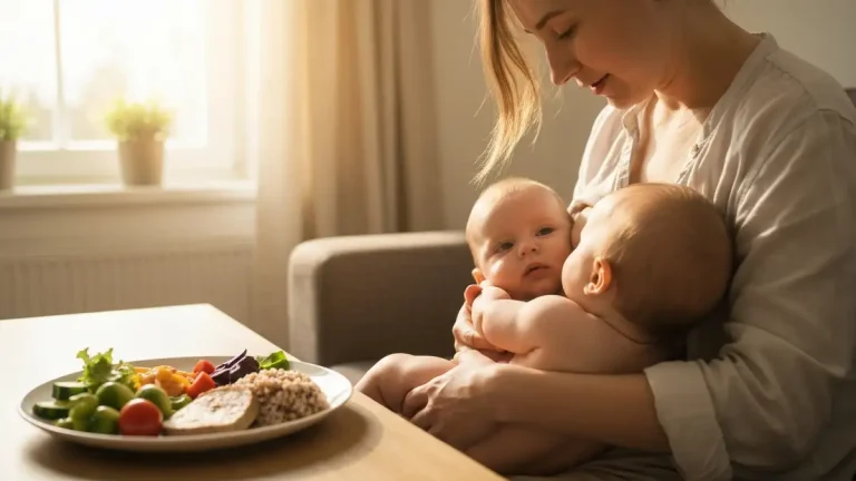 Kobieta karmiąca piersią dziecko w domu, obok talerz ze zdrowymi produktami