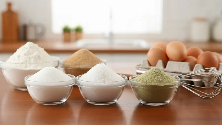 Erytrytol, ksylitol i stevia - trzy słodziki w miseczkach obok składników do pieczenia