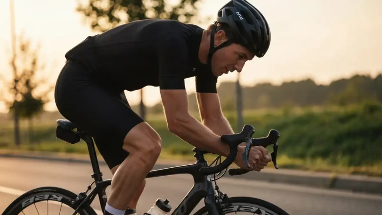 Kolarz na rowerze szosowym podczas testu FTP z miernikiem mocy, intensywny wysiłek, czarna odzież rowerowa, godzina wschodu słońca