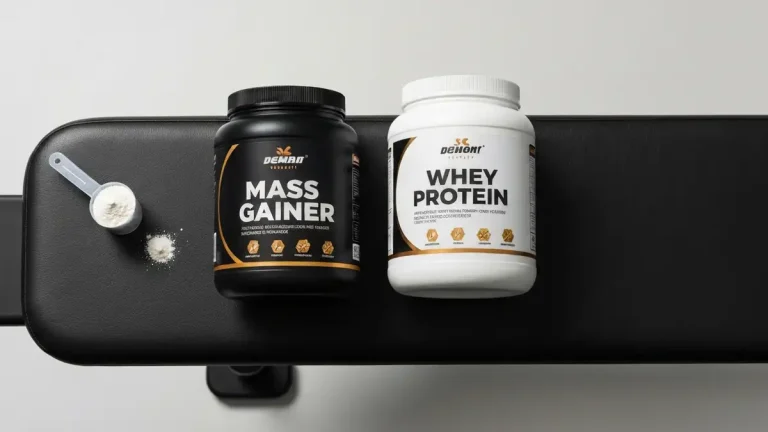 Porównanie gainera i odżywki białkowej whey na stole w siłowni