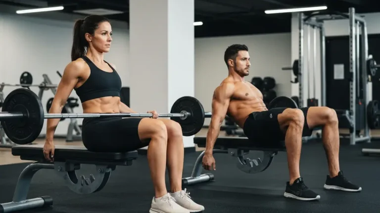 Kobieta i mężczyzna wykonujący hip thrust ze sztangą na ławce treningowej