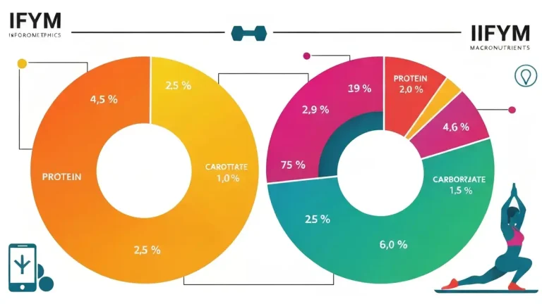 Infografika IIFYM z makroskładnikami: białkiem, węglowodanami i tłuszczami w podziale procentowym
