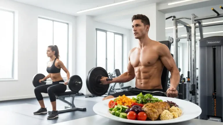 Kobieta i mężczyzna ćwiczący na siłowni ze zdrowym talerzykiem jedzenia w tle - insulinooporność dieta i trening