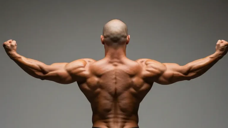 Mężczyzna widoczny z przodu pokazujący szerokość pleców w zaćniętej pozie, doskonale zdefiniowana anatomia latissimus dorsi, studio fitness tło, naturalne oświetlenie