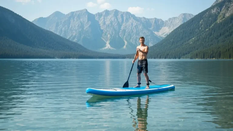 Mężczyzna stoi na desce SUP na spokojnej wodzie, trzymając wiosło, z górami w tle