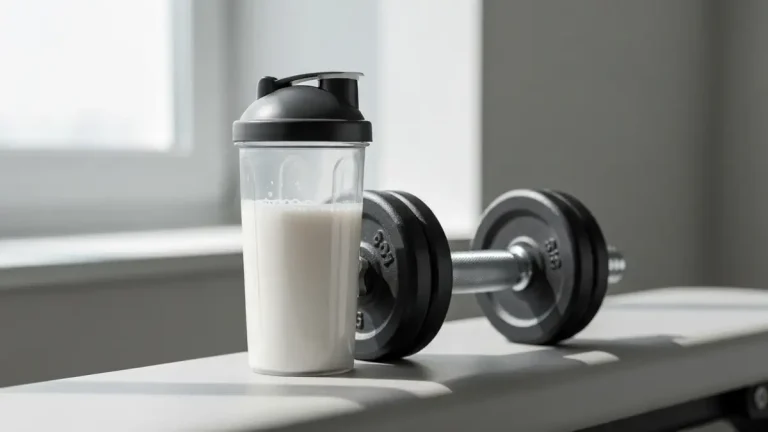 Kiedy brać białko whey - shaker z odżywką proteinową obok hantli na siłowni