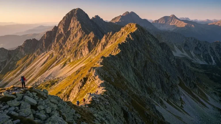 Górski krajobraz z 28 szczytami Polski - Tatry Wysokie, Rysy, trekkerowie na szlaku górskim