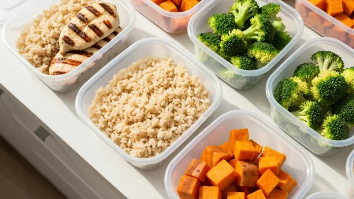 Przygotowane porcje meal prepu w przezroczystych pojemnikach na blacie kuchennym