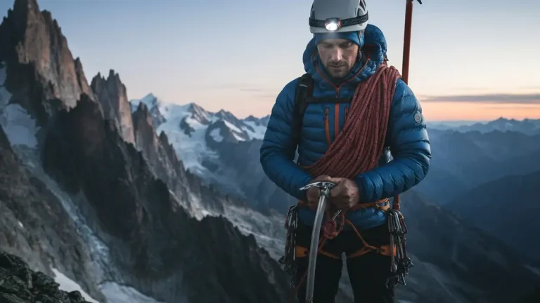 Wspinacz przygotowujący się do wejścia na Mont Blanc - czołówka, sprzęt alpinistyczny, widok szczytów Alp