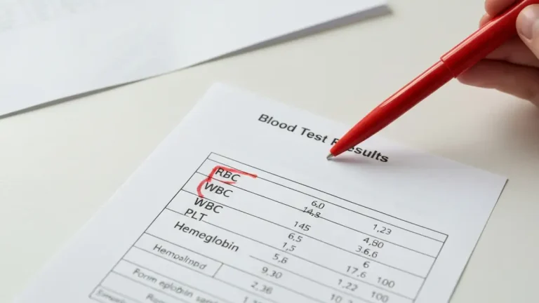 Formularz wyników morfologii krwi z zaznaczonymi parametrami RBC, WBC, PLT i hemoglobiną