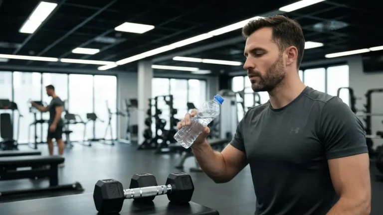 Butelka wody obok hantle na tle sali treningowej z atleta pijący wodę