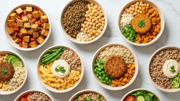 Talerz z 10 sycącymi obiadami wege fit poniżej 600 kcal - tofu, soczewica, ciecierzyca, tempeh, quinoa, fasola, burger, pasta, kasza, sałatka