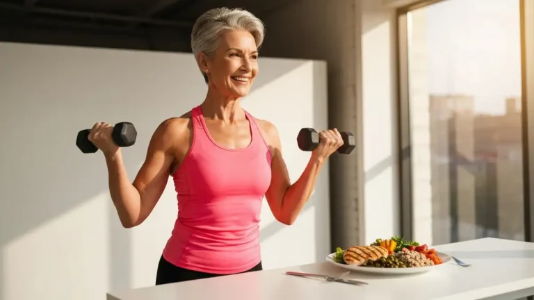 Kobieta w wieku 50+ wykonująca ćwiczenia siłowe z hantlami w jasnym studiu fitness, uśmiechnięta, skupiona, obok talerz ze zdrową, pełnowartościową potrawą