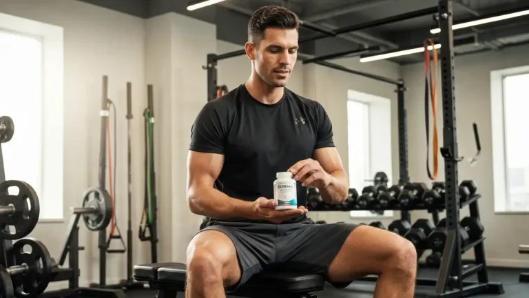 Sportowiec trzymający kapsułki omega-3 na tle sprzętu treningowego